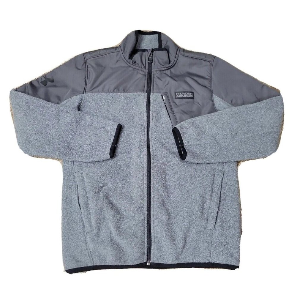 Under Armour Sz YMD Gray Fleece Full Zip Jacket Zip Pockets Youth Boys Coldgear